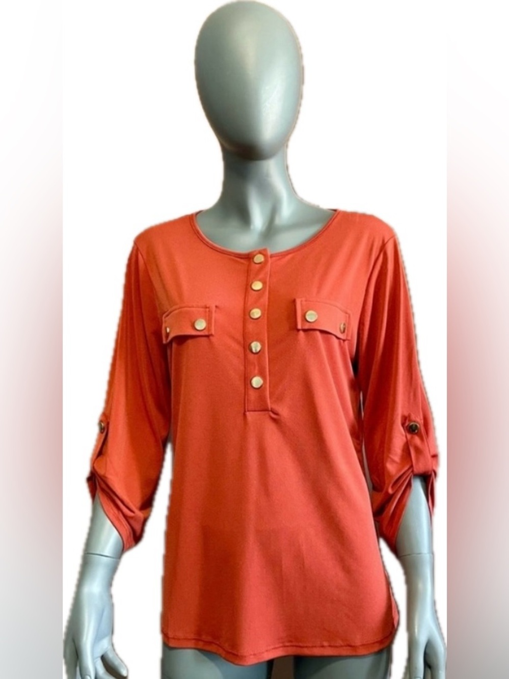 NWT NY Collection Women's Medium 3/4 Roll Tab Burnt Orange Blouse